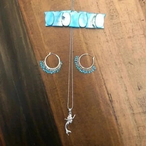 Pretty Set of 3 Blue Mermaid Beach Bead Necklace Earrings Bracelet Silver Tone